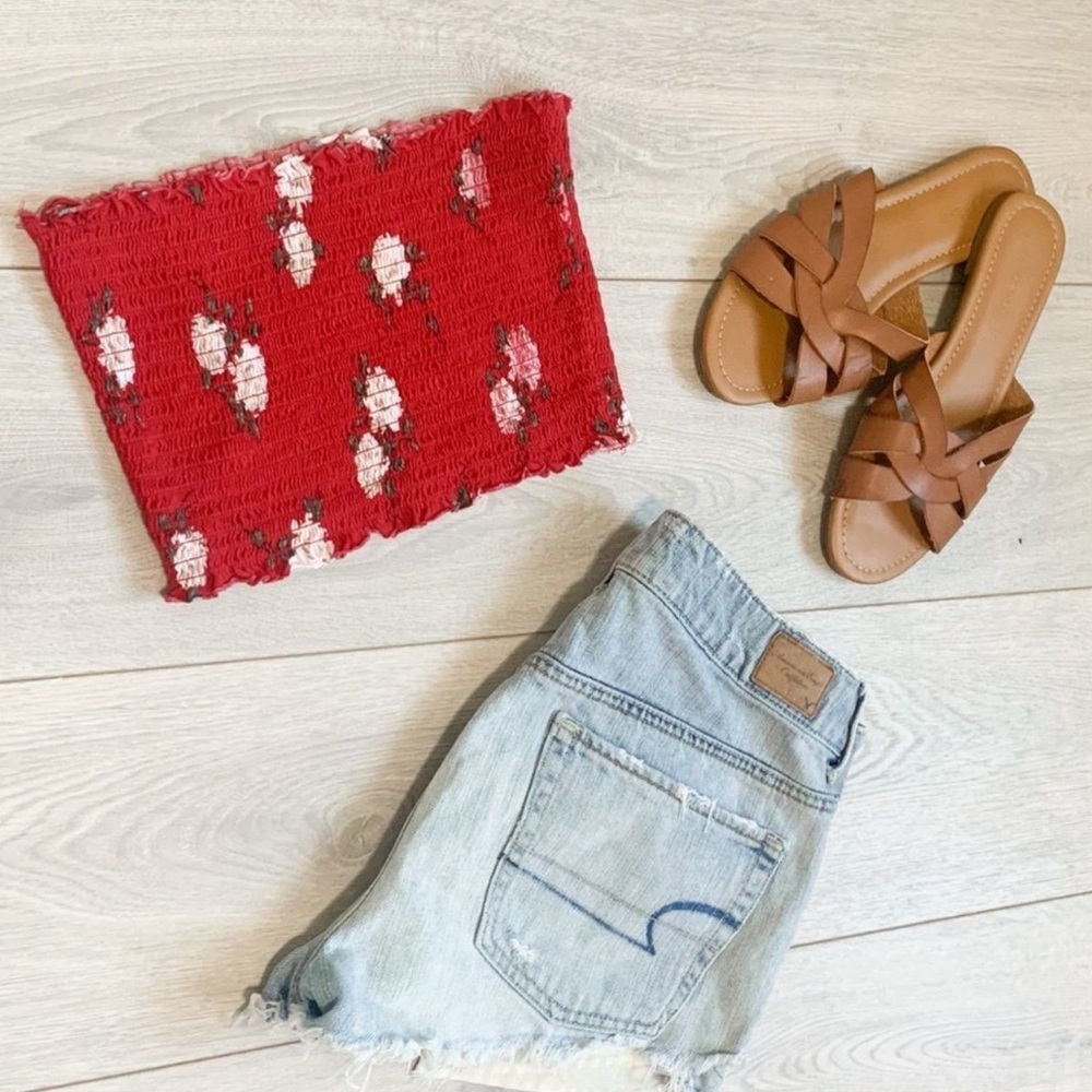 Garage Red and White Smocked Top